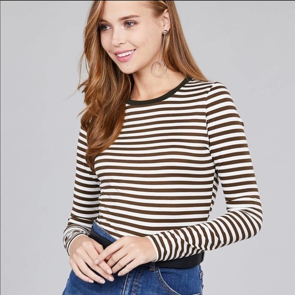 Active USA Tops - BROWN Off White Stripe Long Sleeve Top Large